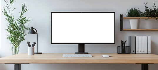 Minimal Office Setup with Transparent PNG Screen, Cutout Elements, and Personalized Branding for Workspaces.