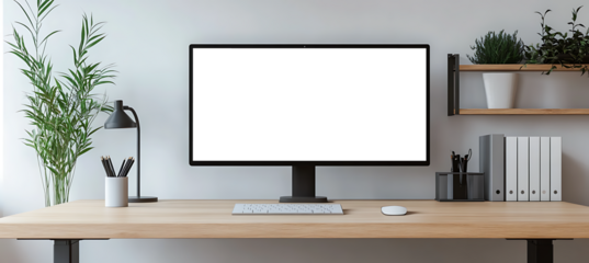 Minimal Office Setup with Transparent PNG Screen, Cutout Elements, and Personalized Branding for Workspaces.