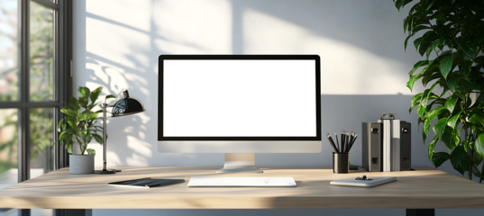 A Modern Desk Setup Featuring a Transparent PNG Screen for Personalized Branding in Clean Office Background