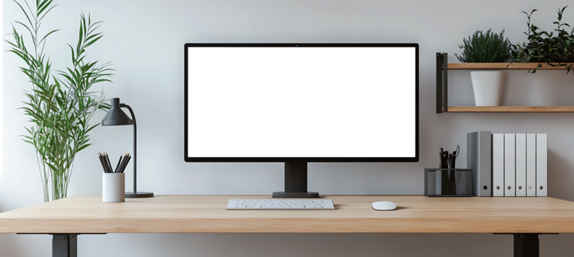 Minimal Office Setup with Transparent PNG Screen, Cutout Elements, and Personalized Branding for Workspaces.