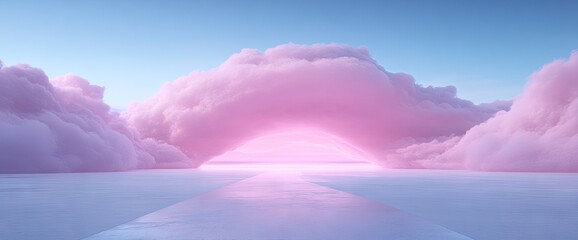 Ethereal passage to a pink cloudscape, glowing pathway under a soft blue sky