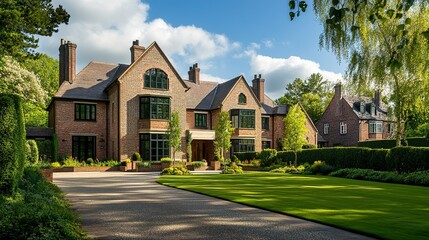 A stylish estate in Spring, England, featuring modern residential homes with a balance of minimalist design and traditional brickwork, nestled in a serene urban environment with plenty of greenery 