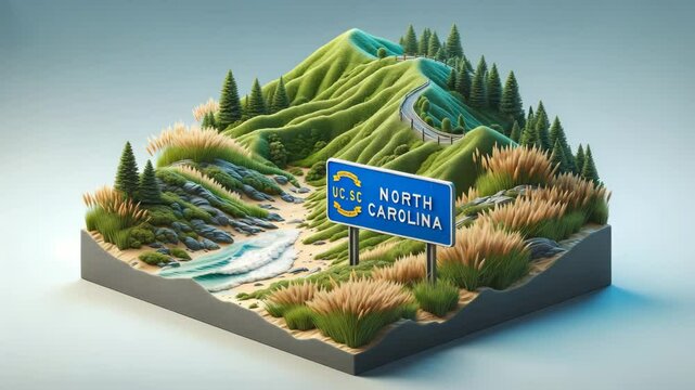 Coastal North Carolina Voxel Landscape Green Hills, Ocean Waves, and Highway Sign