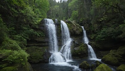 Fototapeta premium Cascading waterfall scene in a lush green forest with mossy rocks
