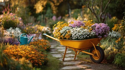 yellow wheelbarrow with colorful summer flowers and watering can on landscaped garden background at golden hour. copy space