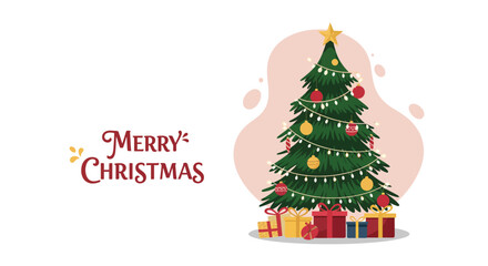 Christmas tree decorated with star and gifts celebrating Merry Christmas festive season holiday design vector illustration 