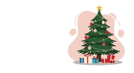 Christmas tree decorated with red and white ornaments and star on top surrounded by gift boxes vector illustration 
