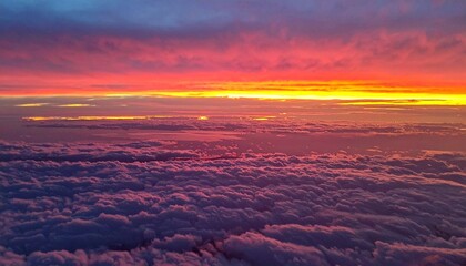 A red sunset over the endless sea of ​​clouds outside the airplane window