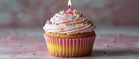 Single vanilla cupcake with pink frosting, colorful sprinkles, and a lit candle.  Pink background
