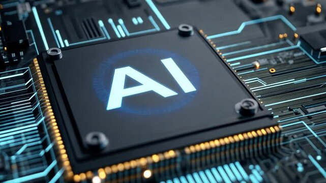 AI Processor Chip: A close-up image of an AI processor chip, showcasing the intricate circuitry and the prominent "AI" logo, symbolizing the advancement of artificial intelligence technology.