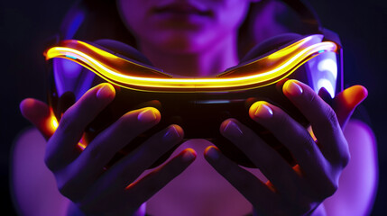 VR 3d 360 headset glasses goggles in futuristic purple neon light on table desk, virtual augmented ar reality innovative experience digital technology background concept, copy space wide photo banner 