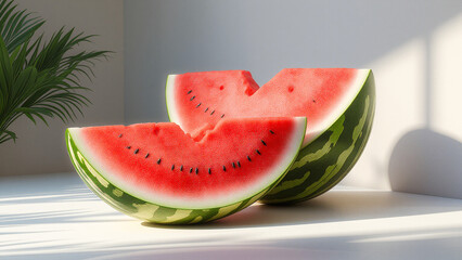 A juicy red slice of ripe watermelon, a refreshing summer fruit, sits cut on a table