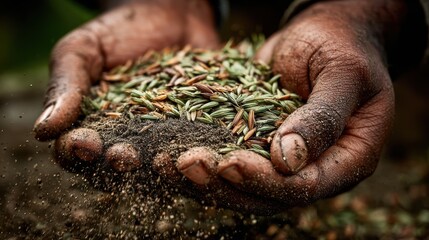 lawn seeding. hand with grass seed