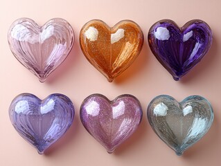 Six glass hearts in pastel colors arranged on a pink background.  Each heart has a unique, subtle sparkle