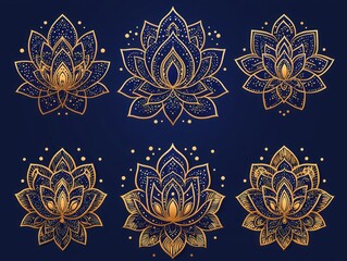 Six ornate golden lotus flowers on a dark blue background. Intricate detailing and sparkle effect
