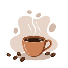 Obraz premium Steaming cup of coffee with coffee beans and abstract background vector illustration for beverage and lifestyle design 
