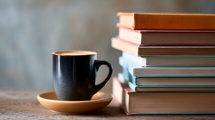 Cozy Reading Nook with Coffee and Stack of Books