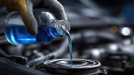 pouring antifreeze coolant liquid into car engine radiator