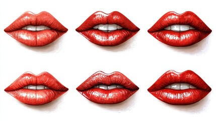 Six variations of illustrated red lips, showcasing different shades and textures