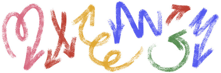 Grunge chalk textured bold arrows set. Pointer paint brush symbol. Pencil charcoal freehand direction. Scribble curve, round, zigzag, heart sketch arrow. Doodle hand drawn isolated vector illustration