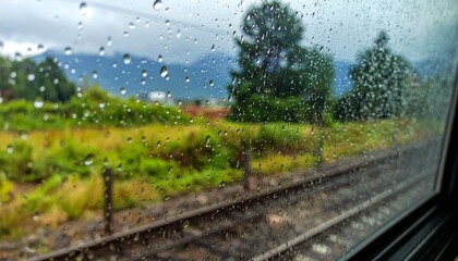 Fototapeta premium Train window covered in raindrops