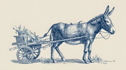Vintage Illustration of a Donkey Pulling a Cart