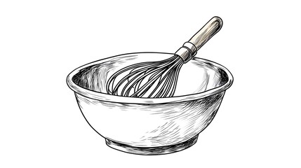 Hand-drawn illustration of a mixing bowl and whisk.