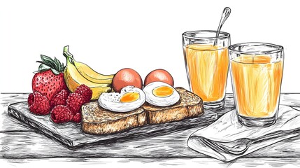 Hand-drawn illustration of a healthy breakfast platter.