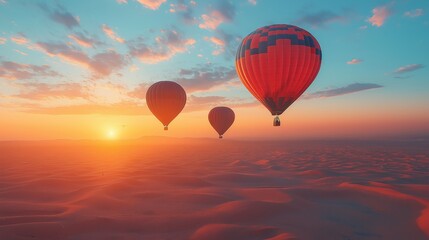 Obraz premium Soaring Above the Clouds: The radiant sun casts a warm glow upon three vibrant hot air balloons as they gracefully ascend above a sea of soft, fluffy clouds.