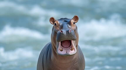 Fototapeta premium Yawning Hippo in African River with Wildlife Closeup.