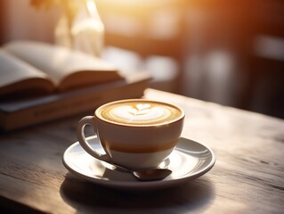 Fototapeta premium Latte art perfection in morning sunlight with an open book on wooden table