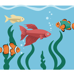 Fototapeta premium Colorful tropical fish swimming among green seaweed in underwater ocean scene vector illustration 