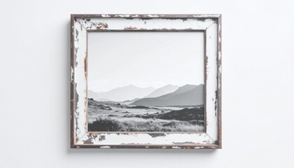 Black and white landscape photograph in a vintage frame