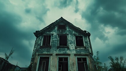 An eerie abandoned house with broken windows and crumbling walls, set against a backdrop of dark, looming clouds, creating a haunting and atmospheric scene 