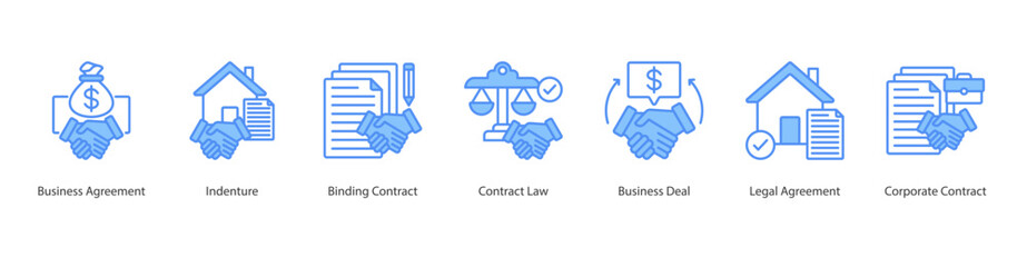 Corporate Contracts web banner icon sheet vector business agreement, indenture, binding contract, contract law, business deal, legal agreement, corporate contract