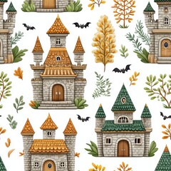 Fototapeta premium Autumnal Pixel Art Castle Seamless Pattern