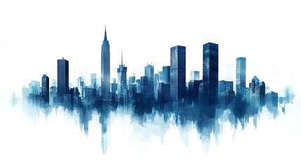 Obraz premium Blue cityscape silhouettes of towering skyscrapers in a modern urban skyline, gradient tones, clean white background. 
