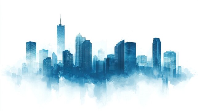 Blue cityscape silhouettes of towering skyscrapers in a modern urban skyline, gradient tones, clean white background.  