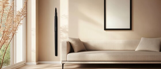 A Minimalist Living Room With A Beige Couch, A Framed Picture, And A Long, Slender Black Object On The Wall. The Overall Vibe Is Calm And Serene.