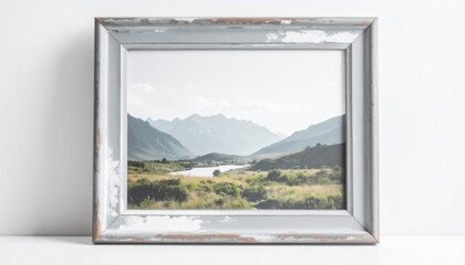 Black and white landscape photograph in a vintage frame