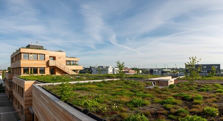 Eco-friendly architecture: green rooftop building or wooden sustainable design (horizontal).
