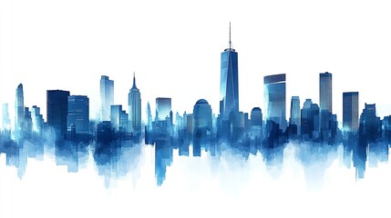 Clean vector design of a blue-toned skyline, tall skyscraper silhouettes creating depth, crisp white background.  