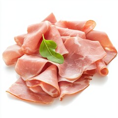Pile of sliced ham with fresh greens. Thinly sliced, pale pink meaty slices, piled high, atop a white background, with a small sprig of fresh, green leaves on top