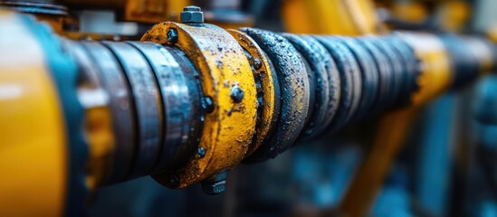 Fototapeta premium Industrial machinery close-up, yellow and gray metal parts, focused on joint