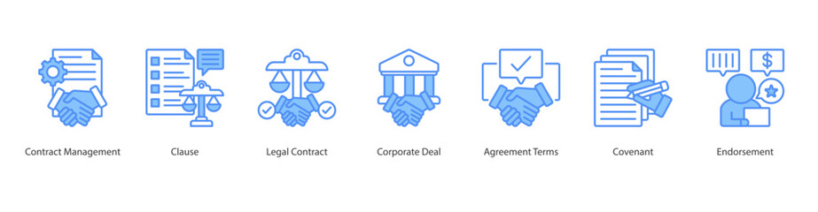 Legal Agreements banner web icon vector contract management, clause, legal contract, corporate deal, agreement terms, covenant, endorsement