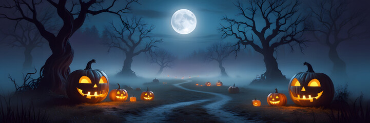 Fototapeta premium Spooky Halloween Scene With Pumpkins Background 