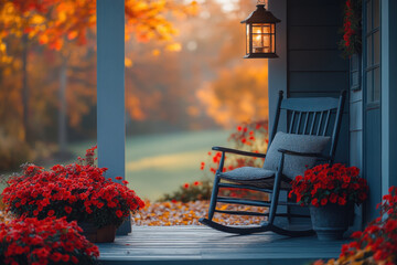 Rocking chair on porch with fall foliage.