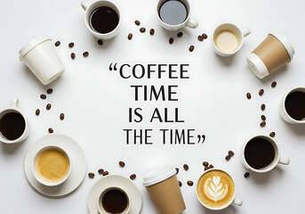 Coffee cups and beans around coffee time is all the time quote on a white surface top view