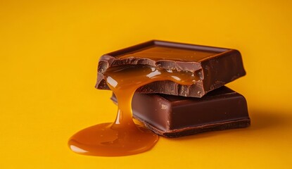 Two pieces of broken chocolate bar, caramel filling dripping