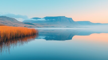 Fototapeta premium Serene lake reflecting mountain peaks at dawn. Calm water mirroring the tranquil mountain range in soft pastel colors. Autumnal grasses line the water's edge